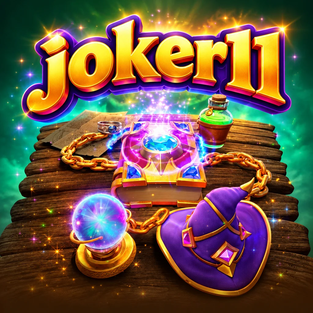 Logo joker11 dengan ilustrasi wadah ramuan magis dan formula alkimia dalam Alchemy Gold