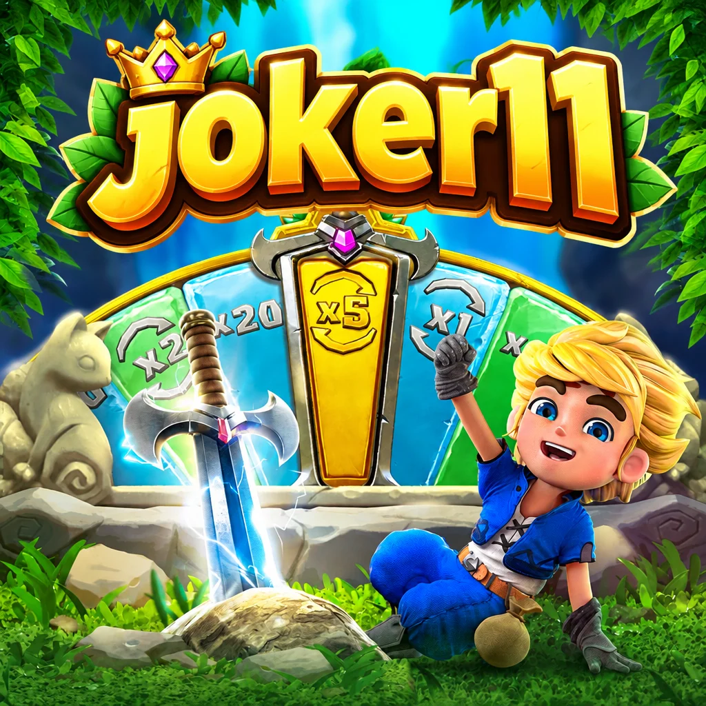 Logo joker11 bersama karakter Eric dan pedang bercahaya dalam permainan Gem Saviour Sword