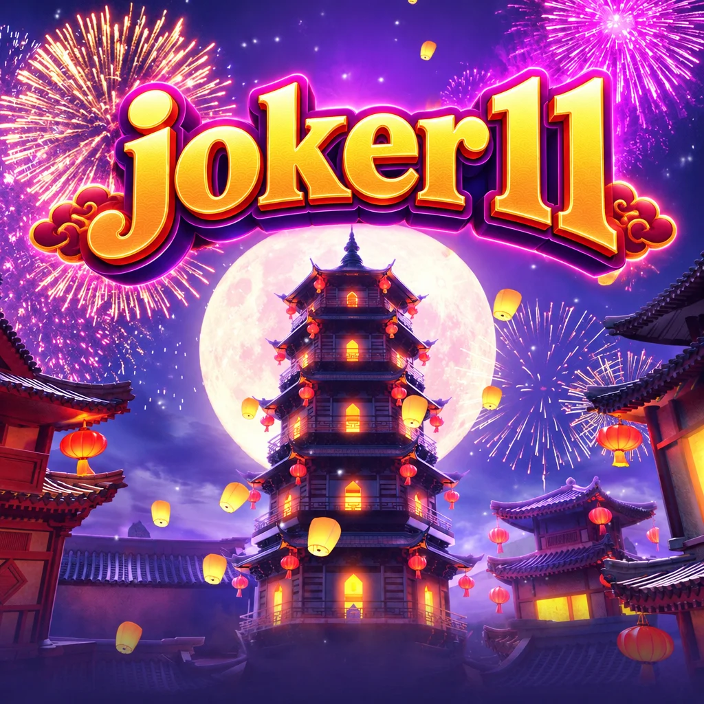 Logo joker11 dengan latar belakang pagoda malam berhias kembang api dan lampion dalam Wild Fireworks